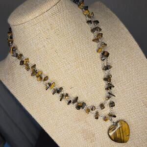 Vintage Brown Tiger's Eye Beaded Necklace with Large Heart Pendant